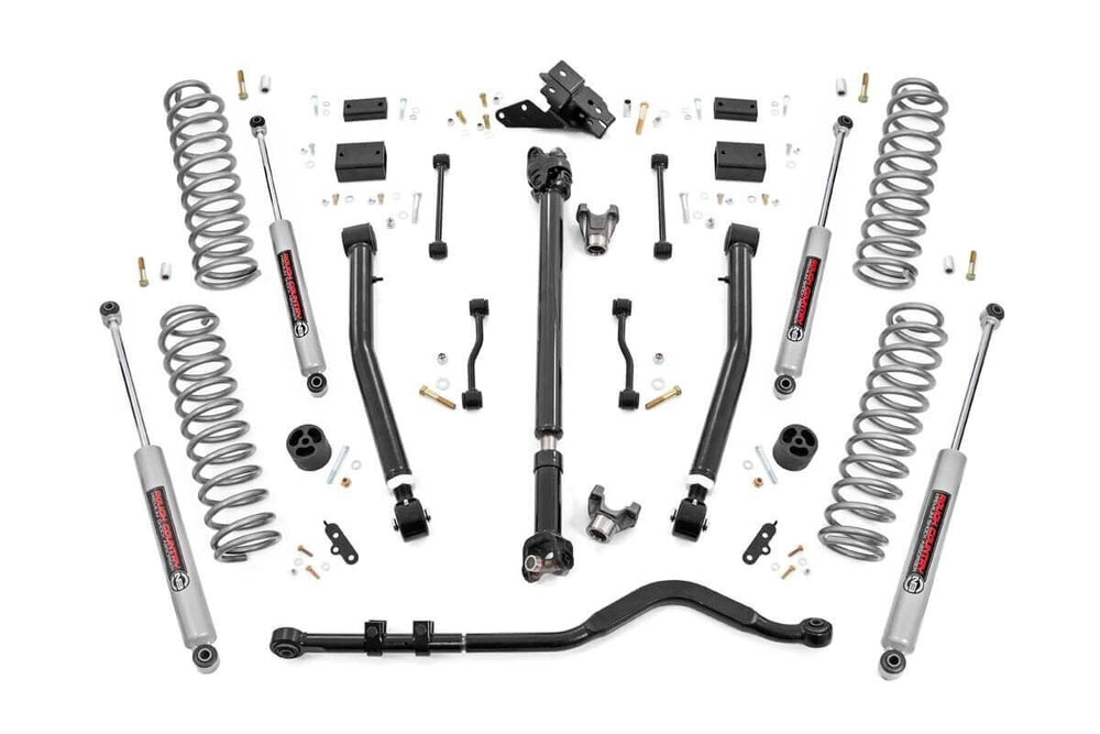 Rough Country - 3.5 Inch Lift Kit - Adj Lower - FR D/S - Jeep Wrangler Unlimited Rubicon (18-23)