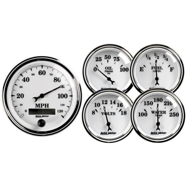 Autometer - AutoMeter GAUGE KIT 5 PC. 3 3/8in./2 1/16in. ELEC. SPEEDOMETER OLD TYME WHITE II - 1200