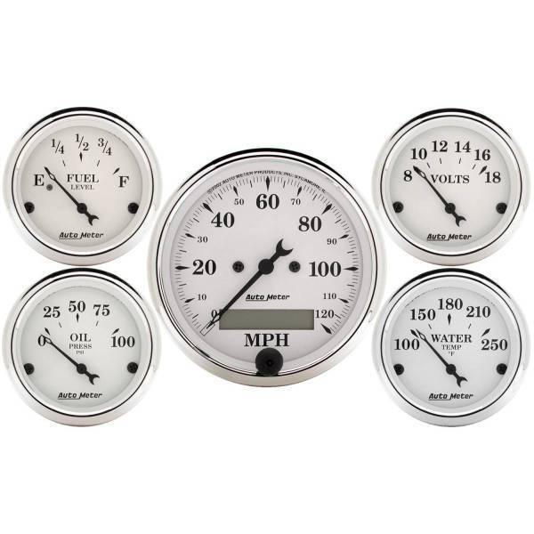 Autometer - AutoMeter GAUGE KIT 5 PC. 3 1/8in./2 1/16in. ELEC. SPEEDOMETER OLD TYME WHITE - 1602