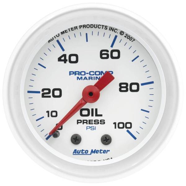 Autometer - AutoMeter GAUGE OIL PRESSURE 2 1/16in. 100PSI MECHANICAL MARINE WHITE - 200790