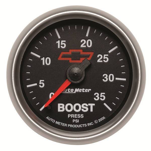 Autometer - AutoMeter GAUGE BOOST 2 1/16in. 35PSI MECHANICAL CHEVY RED BOWTIE BLACK - 3604-00406