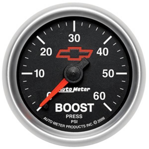 Autometer - AutoMeter GAUGE BOOST 2 1/16in. 60PSI MECHANICAL CHEVY RED BOWTIE BLACK - 3605-00406