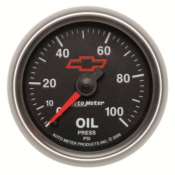 Autometer - AutoMeter GAUGE OIL PRESSURE 2 1/16in. 100PSI MECHANICAL CHEVY RED BOWTIE BLACK - 3621-00406