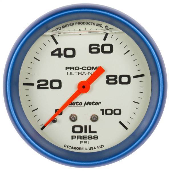 Autometer - AutoMeter GAUGE OIL PRESS 2 5/8in. 100PSI LIQUID FILLED MECH GLOW IN DARK ULTRA-NITE - 4221