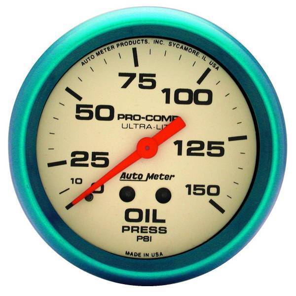 Autometer - AutoMeter GAUGE OIL PRESS 2 5/8in. 150PSI MECH. GLOW IN THE DARK ULTRA-NITE - 4523