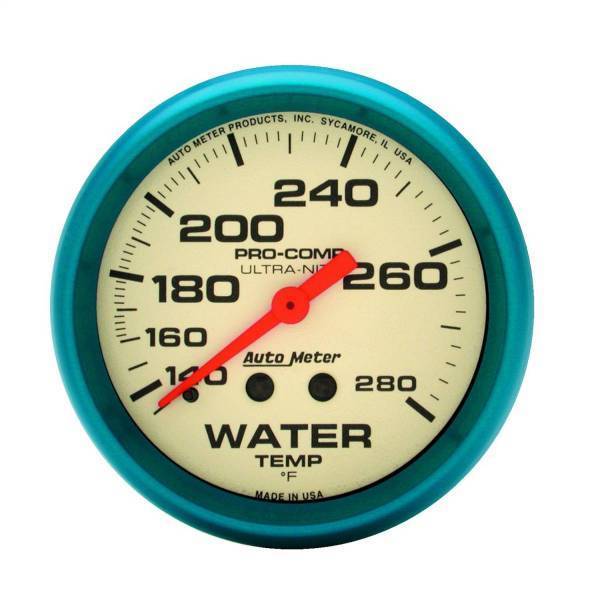 Autometer - AutoMeter GAUGE WATER TEMP 2 5/8in. 140-280deg.F MECH. GLOW IN THE DARK ULTRA-NITE - 4531