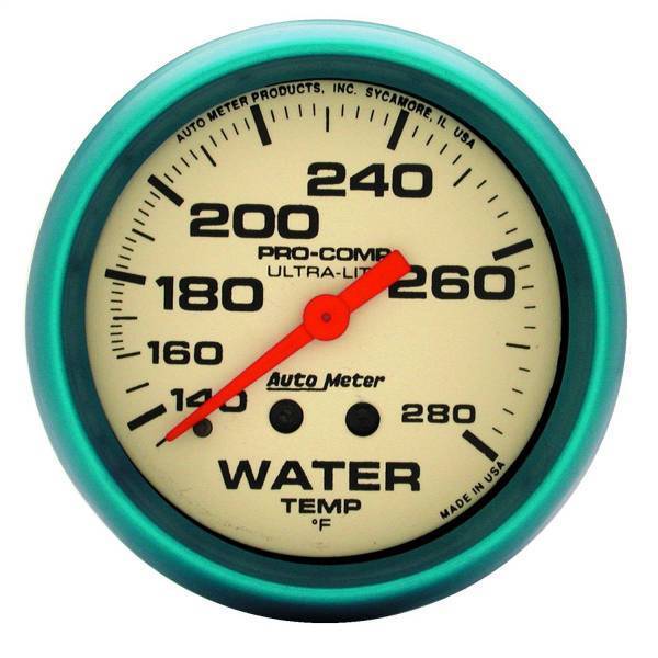 Autometer - AutoMeter GAUGE WATER TEMP 2 5/8in. 140-280deg.F MECH. 4FT. GLOW IN DARK ULTRA-NITE - 4535