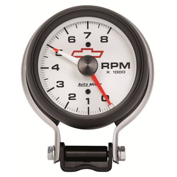 Autometer - AutoMeter GAUGE TACHOMETER 3 3/4in. 8K RPM PEDESTAL W/RED LINE CHEVY RED BOWTIE WHIT - 5780-00406