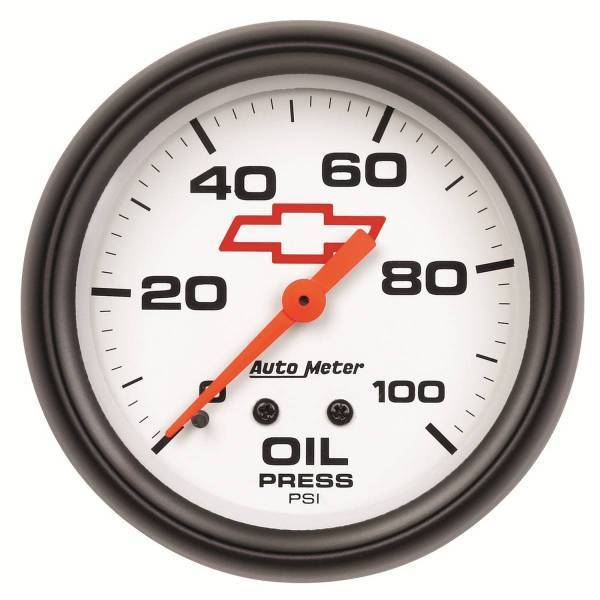 Autometer - AutoMeter GAUGE OIL PRESSURE 2 5/8in. 100PSI MECHANICAL CHEVY RED BOWTIE WHITE - 5821-00406