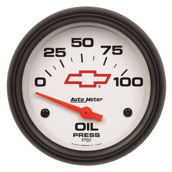 Autometer - AutoMeter GAUGE OIL PRESSURE 2 5/8in. 100PSI ELECTRIC CHEVY RED BOWTIE WHITE - 5827-00406