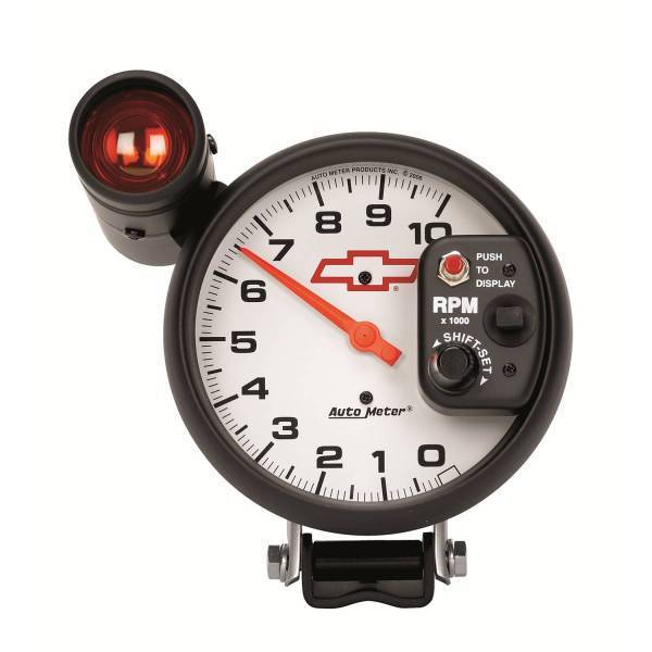 Autometer - AutoMeter GAUGE TACH 5in. 10K RPM PEDESTAL W/EXT. SHIFT-LITE CHEVY RED BOWTIE WHITE - 5899-00406