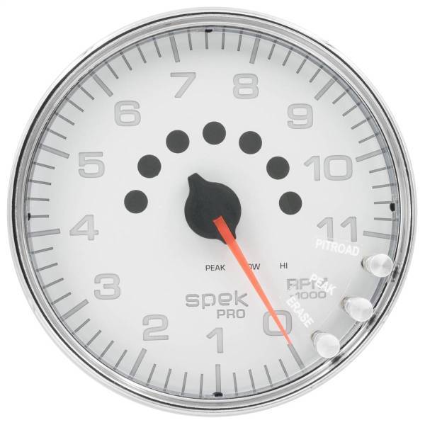 Autometer - AutoMeter GAUGE TACHOMETER 5in. 11K RPM W/SHIFT LIGHT/PEAK MEM WHITE/CHROME SPEK-PRO - P23911