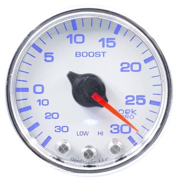 Autometer - AutoMeter GAUGE VAC/BOOST 2 1/16in. 30INHG-30PSI STEPPER MTR W/PK/WRN WHT/CHRME SPEK - P30211