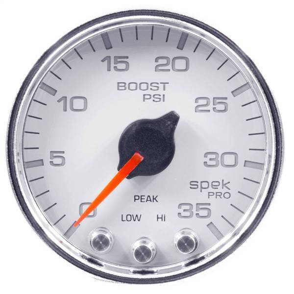 Autometer - AutoMeter GAUGE BOOST 2 1/16in. 35PSI STEPPER MOTOR W/PEAK/WARN WHT/CHROME SPEK-PRO - P30311