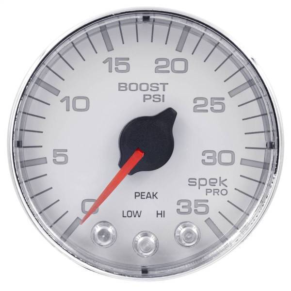 Autometer - AutoMeter GAUGE BOOST 2 1/16in. 35PSI STEPPER MOTOR W/PEAK/WARN WHT/CHROME SPEK-PRO - P303118