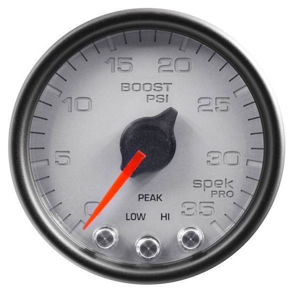 Autometer - AutoMeter GAUGE BOOST 2 1/16in. 35PSI STEPPER MOTOR W/PEAK/WARN SILVER/BLK SPEK-PRO - P30322