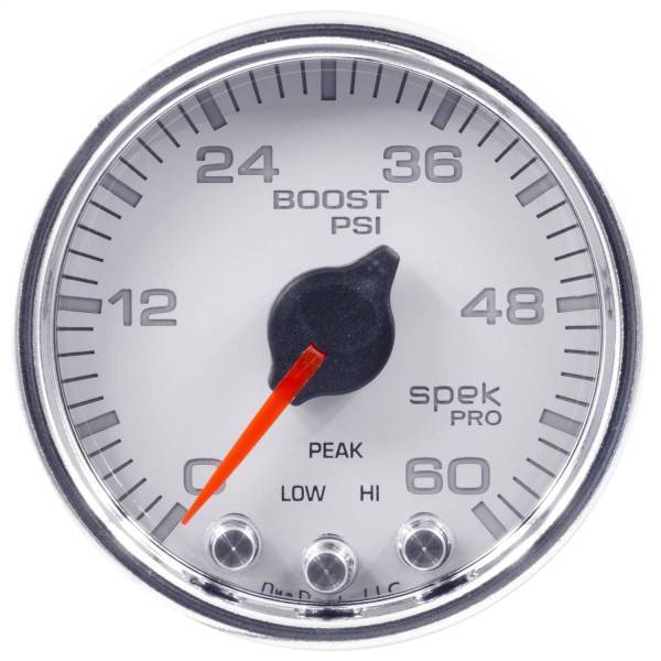 Autometer - AutoMeter GAUGE BOOST 2 1/16in. 60PSI STEPPER MOTOR W/PEAK/WARN WHT/CHRM SPEK-PRO - P30411