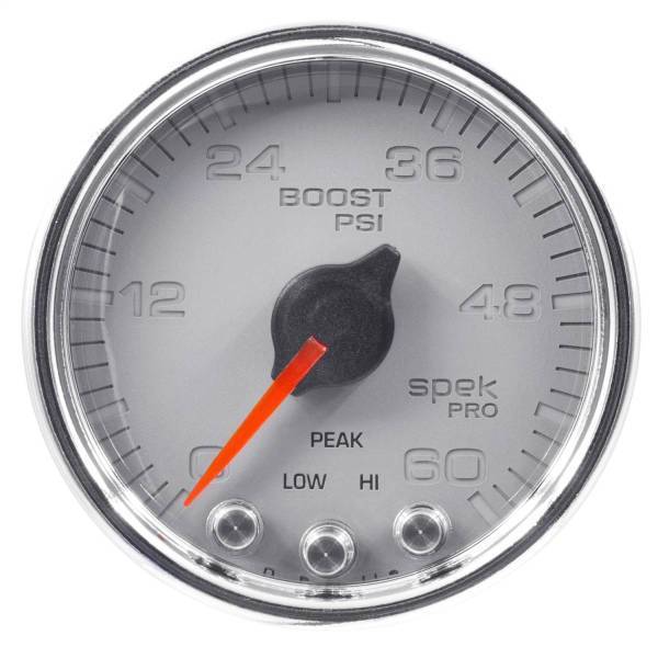 Autometer - AutoMeter GAUGE BOOST 2 1/16in. 60PSI STEPPER MOTOR W/PEAK/WARN SLVR/CHRM SPEK-PRO - P30421