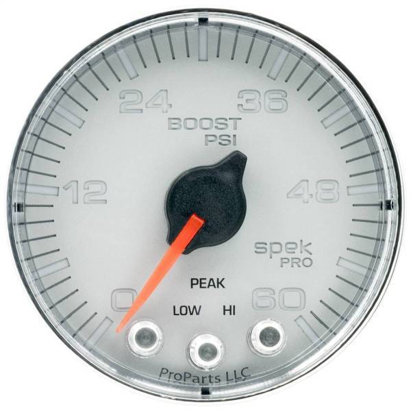 Autometer - AutoMeter GAUGE BOOST 2 1/16in. 60PSI STEPPER MOTOR W/PEAK/WARN SLVR/CHRM SPEK-PRO - P304218