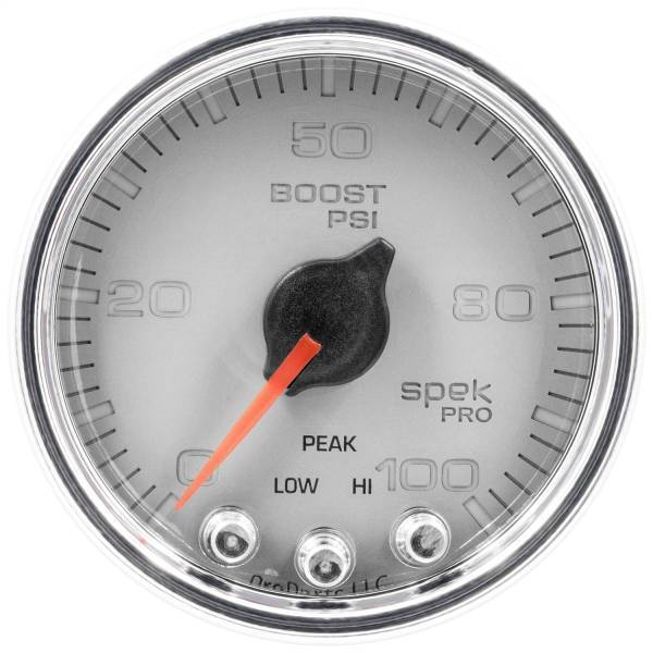 Autometer - AutoMeter GAUGE BOOST 2 1/16in. 100PSI STEPPER MOTOR W/PEAK/WARN SLVR/CHRM SPEK-PRO - P30521