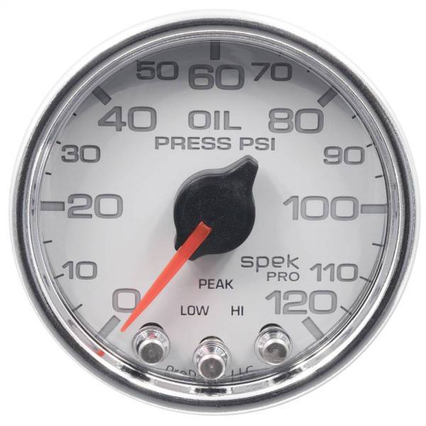 Autometer - AutoMeter GAUGE OIL PRESS 2 1/16in. 120PSI STEPPER MOTOR W/PEAK/WARN WHT/CHRM SPEK - P32511