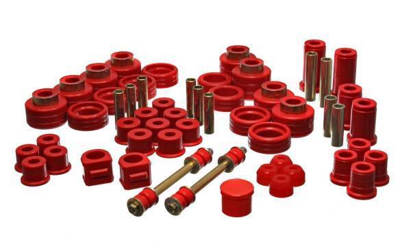 Energy Suspension - Energy Suspension Hyper-Flex System Red Incl. Front Control Arm Bushing Front Sway Bar Bushings Rear Spring And Shackle Bushings Body Mount Tie Rod End Boots Performance Polyurethane - 3.18101R