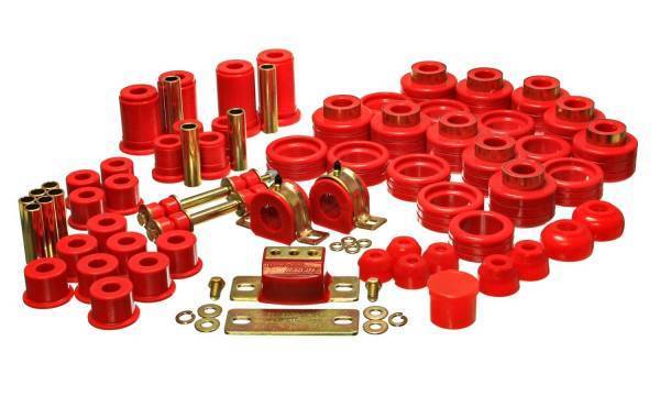 Energy Suspension - Energy Suspension Hyper-Flex System Red Incl. Front Control Arm Bushing Front Sway Bar Bushings Rear Spring/Shackle Bushings Body Mount Tie Rod End Boots Trans.Mount Perf. Polyurethane - 3.18124R