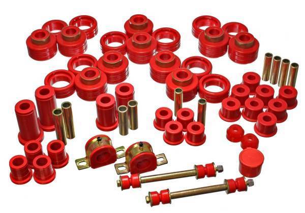Energy Suspension - Energy Suspension Hyper-Flex System Red Incl. Front Control Arm Bushing Front Sway Bar Bushings Rear Spring And Shackle Bushings Body Mount Tie Rod End Boots Performance Polyurethane - 3.18125R