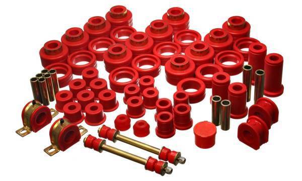 Energy Suspension - Energy Suspension Hyper-Flex System Red Incl. Front Control Arm Bushing Front Sway Bar Bushings Rear Spring And Shackle Bushings Body Mount Tie Rod End Boots Performance Polyurethane - 3.18127R