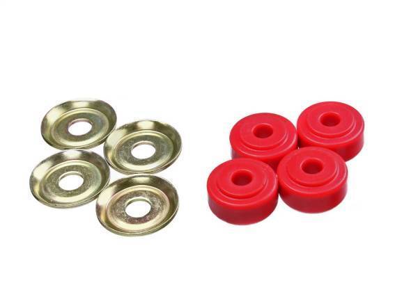 Energy Suspension - Energy Suspension Shock Bushing Set Red Front And Rear Shock Tower Bayonet End Style OD 1 1/4 in. 7/8 in. Nipple ID 3/8 in. w/4 Bushings/4 Washers Performance Polyurethane - 9.8177R