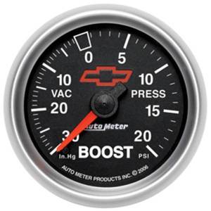 AutoMeter GAUGE VAC/BOOST 2 1/16in. 30INHG-20PSI MECHANICAL CHEVY RED BOWTIE BLACK - 3607-00406