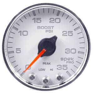 AutoMeter GAUGE BOOST 2 1/16in. 35PSI STEPPER MOTOR W/PEAK/WARN WHT/CHROME SPEK-PRO - P30311