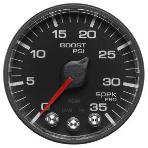 AutoMeter GAUGE BOOST 2 1/16in. 35PSI STEPPER MOTOR W/PEAK/WARN BLACK/BLACK SPEK-PRO - P303328