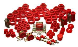 Energy Suspension Hyper-Flex System Red Incl. Front Control Arm Bushing Front Sway Bar Bushings Rear Spring/Shackle BushingsBody MountTie Rod End Boots Trans. Mount Perf. Polyurethane - 3.18126R